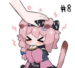 Rule 34 | &gt; &lt;, 1girl, 1other, animal ears, arknights, black hairband, blue bow, blush, bow, braid, cat ears, cat girl, cat tail, chibi, coat, commentary, cowboy shot, english commentary, goldenglow (arknights), hair bow, hairband, headpat, kurotofu, lightning bolt print, lightning bolt symbol, long hair, long sleeves, open clothes, open coat, pink coat, pink hair, scissors, side braid, simple background, solo focus, tail, tail raised, white background