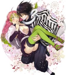 Rule 34 | 1boy, 1girl, absurdres, animal, ankle wrap, bandages, belt, black hair, black jacket, black skirt, blush, braid, breasts, carrying, cleavage, couple, eye contact, flower, full body, gradient hair, green eyes, green hair, green thighhighs, hair between eyes, hakama, hakama pants, haori, hetero, highres, iguro obanai, jacket, japanese clothes, kanroji mitsuri, kimetsu no yaiba, large breasts, long hair, long sleeves, looking at another, mask, mole, mole under eye, mouth mask, multicolored hair, open mouth, own hands together, pants, pink hair, princess carry, sandals, short hair, skirt, snake, tabi, tcb, thighhighs, uniform, white background, white belt, white snake