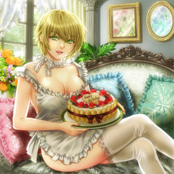 Rule 34 | 1girl, apron, birthday, blonde hair, breasts, cake, choker, cleavage, couch, crossed legs, cushion, food, frilled pillow, frills, green eyes, hamura mayu, large breasts, naked apron, original, painting (object), pastry, pillow, short hair, sitting, solo, strap slip, thighhighs