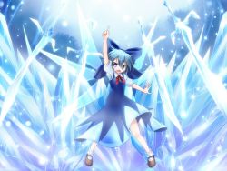 Rule 34 | 1girl, blue background, blue eyes, blue hair, blue theme, bow, cirno, crystal sword, dress, female focus, hair bow, ice, kimagure ringo, mary janes, matching hair/eyes, outstretched arm, pointing, pointing up, shoes, short hair, solo, sword, touhou, weapon