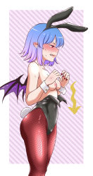 Rule 34 | 1girl, alternate costume, animal ears, arrow (symbol), bare shoulders, bat wings, black leotard, blue hair, blush, breasts, breasts out, clenched teeth, commentary, covered navel, cowboy shot, embarrassed, eyelashes, fake animal ears, fake tail, fishnet pantyhose, fishnets, from side, gradient hair, half-closed eyes, highres, leotard, leotard pull, light purple hair, medium breasts, multicolored hair, nipples, pantyhose, patterned background, playboy bunny, profile, rabbit ears, rabbit tail, red eyes, red pantyhose, remilia scarlet, shiraue yuu, short hair, solo, sweat, tail, teeth, touhou, two-tone hair, wings