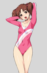 Rule 34 | 1girl, arms behind head, athletic leotard, bow, breasts, brown eyes, brown hair, cameltoe, cleft of venus, covered navel, cowboy shot, green eyes, grey background, gymnastics, hair bow, highres, ito akemi, leotard, long sleeves, looking at viewer, open mouth, original, pink bow, pink leotard, rhythmic gymnastics, short hair, small breasts, solo, standing, thighs, tongue, tongue out, twintails, urotsukidouji, wacchi