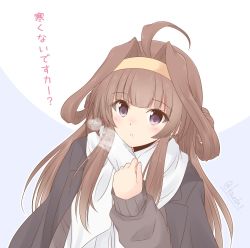 Rule 34 | 1girl, ahoge, black coat, brown hair, brown sweater, coat, commentary request, double bun, hair bun, hairband, highres, kantai collection, kongou (kancolle), long hair, looking at viewer, official alternate costume, one-hour drawing challenge, scarf, shizuna kaede, solo, sweater, translated, two-tone background, upper body, white scarf, yellow hairband