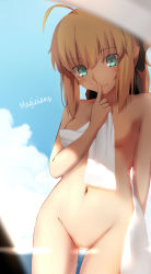 Rule 34 | 1girl, aqua eyes, arm at side, artist name, artoria pendragon (all), artoria pendragon (fate), bad id, bad pixiv id, black bow, blonde hair, blue sky, blurry, blush, bow, breasts, cloud, covering privates, covering breasts, cowboy shot, day, depth of field, english text, eyebrows, fate/stay night, fate (series), finger to mouth, hair bow, highres, holding, lens flare, looking at viewer, magicians (zhkahogigzkh), naked towel, navel, nude, outdoors, ponytail, pussy, saber (fate), shushing, signature, sky, small breasts, smile, solo, stomach, text focus, thigh gap, towel, water, wet, wet hair