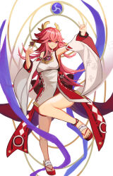 Rule 34 | 1girl, arm up, bare shoulders, breasts, commentary request, detached sleeves, double fox shadow puppet, fox shadow puppet, genshin impact, hair between eyes, highres, korean commentary, legs, long hair, long sleeves, medium breasts, pink hair, purple eyes, red footwear, sandals, shirt, simple background, sleeveless, sleeveless shirt, solo, tonyblue2, very long hair, white background, white shirt, white sleeves, wide sleeves, yae miko, zouri