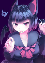 Rule 34 | 10s, 1girl, :d, absurdres, animal ears, bat ears, bat wings, black hair, blunt bangs, blush, breasts, claw pose, collarbone, commentary request, common vampire bat (kemono friends), fangs, gradient hair, head wings, highres, japari symbol, kanzakietc, kemono friends, long sleeves, looking at viewer, medium breasts, multicolored hair, open mouth, purple background, purple eyes, purple hair, short hair, simple background, smile, solo, upper body, v-shaped eyebrows, wings
