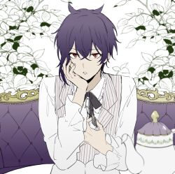 Rule 34 | 1boy, brown eyes, collared shirt, couch, dance with devils, flower, formal, frown, head rest, long sleeves, looking at viewer, male focus, natsumezaka shiki, on couch, purple hair, qi7pi, shirt, short hair, sitting, solo, teeth, white background, white flower, white shirt
