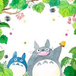 acorn chuu_totoro commentary creature english_commentary feathers food happy holding holding_food looking_at_viewer no_humans painting_(medium) penelope_paws simple_background smile susuwatari tonari_no_totoro totoro traditional_media watercolor_(medium) whiskers