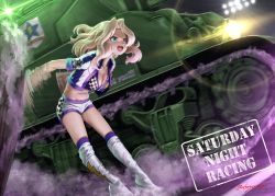 Rule 34 | 10s, 1girl, :d, abazu-red, bikini, blonde hair, blue eyes, blurry, blurry background, boots, breasts, checkered clothes, checkered shirt, checkered shorts, cleavage, commentary request, crop top, emblem, english text, girls und panzer, hair ornament, jacket, kay (girls und panzer), leaning forward, lens flare, long hair, medium breasts, motion blur, night, open mouth, print bikini, print shirt, saunders (emblem), shirt, shorts, smile, smoke, solo, standing, swimsuit, thigh boots, thighhighs, twitter username, white footwear, white jacket, white shorts