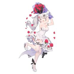 Rule 34 | 1girl, anger vein, ankle ribbon, arm ribbon, arms up, bare shoulders, black ribbon, blush, bouquet, bow, breasts, cleavage, closed eyes, dress, dress flower, dropping, facing viewer, five-seven (girls&#039; frontline), five-seven (smile of acceptance) (girls&#039; frontline), flower, flower request, fn five-seven, footwear bow, frilled thighhighs, frills, frown, full body, girls&#039; frontline, gloves, gun, hair between eyes, hair ornament, hair ribbon, handgun, high heels, holding, holding bouquet, jewelry, large breasts, leg ribbon, legs, long hair, official alternate costume, official art, open mouth, pdw-caliber pistol, ponytail, ribbon, scorch mark, shoe dangle, simple background, solo, standing, standing on one leg, suisai (suisao), swinging, thighhighs, torn clothes, torn dress, torn gloves, torn thighhighs, transparent background, weapon, wedding dress, white dress, white footwear, white gloves, white hair, white thighhighs