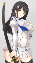 Rule 34 | 1girl, animal ears, asya, azur lane, black hair, black thighhighs, blush, bow, breasts, brown eyes, buttons, choukai (azur lane), clothes writing, cowboy shot, dog ears, double-breasted, grey background, hair between eyes, hair ornament, hand on own chest, holding, holding sword, holding weapon, jacket, juliet sleeves, katana, large breasts, long hair, long sleeves, looking at viewer, open mouth, pleated skirt, puffy sleeves, shirt, sidelocks, simple background, skirt, smile, solo, sword, thighhighs, weapon, white jacket, white skirt