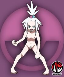 Rule 34 | 1girl, absurdres, air guitar, armpits, artist name, bangs pinned back, barefoot, blue eyes, breasts, cleft of venus, clenched hands, collarbone, completely nude, creatures (company), facing viewer, feet, female focus, fingernails, forehead, full body, game freak, groin, gym leader, hair bobbles, hair ornament, hand up, highres, leaning forward, legs, long hair, looking at viewer, navel, neck, nilterguy, nintendo, nipples, nude, nude filter, official art nude filter, open mouth, pigeon-toed, plectrum, poke ball symbol, pokemon, pokemon bw2, pubic hair, purple background, pussy, roxie (pokemon), sidelocks, small breasts, spiked hair, spread legs, standing, thighs, third-party edit, toenails, toes, tomboy, unworn clothes, v-shaped eyebrows, white hair, white pubic hair