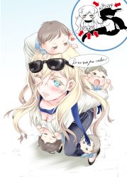 Rule 34 | 1girl, 4boys, arrow (symbol), baby, black footwear, blonde hair, blue eyes, blue scarf, casual, denim, french battleship princess, french text, from above, hair between eyes, jeans, kantai collection, long hair, multiple boys, one eye closed, pants, richelieu (kancolle), scarf, shirt, simple background, sunglasses, sunglasses on head, tsukineko, white background, white shirt