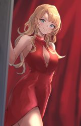 Rule 34 | 1girl, absurdres, alternate costume, bare shoulders, blonde hair, blue eyes, breasts, cleavage, cleavage cutout, clothing cutout, curtains, dress, earrings, granblue fantasy, highres, jewelry, long dress, long hair, medium breasts, red curtains, red dress, renzu (lens 02), shirt, sleeveless, sleeveless shirt, solo, zeta (granblue fantasy)