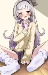 Rule 34 | 1girl, alternate costume, arm between legs, black hairband, blush, cardigan, collared shirt, commentary request, covering privates, covering crotch, eyelashes, feet, foreshortening, gradient hair, grey hair, hair bun, hairband, hand up, highres, hololive, inarimochi (inari moti), indoors, long hair, long sleeves, looking at viewer, loose socks, miniskirt, multicolored hair, murasaki shion, neck ribbon, no shoes, on ground, open mouth, orange hair, purple hair, purple ribbon, purple skirt, ribbon, school uniform, shadow, shirt, sidelocks, single side bun, sitting, skirt, socks, soles, solo, virtual youtuber, white shirt, white socks, wooden floor