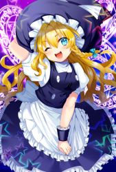 Rule 34 | 1girl, apron, arm behind head, arm up, blonde hair, blue eyes, blush, bow, braid, buttons, frilled skirt, frills, hair bow, hat, hat bow, head tilt, highres, kirisame marisa, long hair, looking at viewer, magic circle, one eye closed, open mouth, puffy short sleeves, puffy sleeves, short sleeves, side braid, skirt, skirt set, smile, solo, star (symbol), teeth, touhou, uzura (moimoi), vest, wavy hair, white bow, witch hat, wrist cuffs