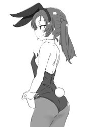 Rule 34 | 1girl, alternate costume, animal ears, ass, back, backless outfit, closed mouth, commentary, cowboy shot, detached collar, fake animal ears, fake tail, from side, girls und panzer, greyscale, kadotani anzu, leotard, long hair, monochrome, ngc20701, pantyhose, playboy bunny, rabbit ears, rabbit tail, smile, solo, strapless, strapless leotard, tail, twintails, wrist cuffs