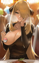 Rule 34 | 1girl, blonde hair, breasts, breath, chair, cleavage, commentary, creatures (company), cynthia (pokemon), english commentary, eyelashes, food, game freak, grey eyes, hair ornament, hair over one eye, hand up, highres, large breasts, long hair, looking at viewer, nintendo, one breast out, paid reward available, parted lips, pasties, people, plate, poke ball, poke ball (basic), poke ball symbol, pokemon, pokemon dppt, pov across table, public indecency, ribbed shirt, shirt, sitting, smile, solo focus, table, tommy (kingdukeee)