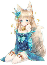Rule 34 | 1girl, :&lt;, animal ears, azur lane, bare shoulders, bell, between legs, blue bow, blue eyes, blue flower, blue kimono, blush, bow, breasts, cleavage, closed mouth, commentary request, crescent, flower, fox ears, fox girl, fox tail, full body, fur collar, hair flower, hair ornament, hand between legs, highres, japanese clothes, jingle bell, kikka (kicca choco), kimono, kitsune, kyuubi, light brown hair, long sleeves, medium breasts, multiple tails, niizuki (azur lane), off shoulder, seiza, simple background, sitting, solo, tail, tears, thighhighs, white background, white thighhighs, wide sleeves