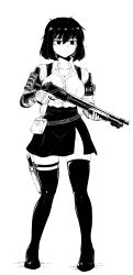 Rule 34 | 1girl, absurdres, breasts, cleavage, formicid, gloves, greyscale, gun, highres, holding, holding gun, holding weapon, knife, knife sheath, knife sheath, large breasts, monochrome, original, pouch, sheath, shotgun, skirt, solo, thighhighs, weapon