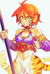 Rule 34 | 1girl, animal ears, breasts, breath of fire, breath of fire ii, bustier, cat ears, cleavage, facial mark, gloves, green eyes, highres, holding, holding polearm, holding weapon, looking at viewer, medium breasts, navel, orange hair, pointy ears, polearm, rinpoo chuan, short hair, simple background, solo, weapon, white background, yosaku (roach)