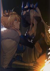 Rule 34 | 2girls, absurdres, ahoge, armor, artoria pendragon (fate), artoria pendragon (lancer) (fate), bad id, bad twitter id, blonde hair, braid, breasts, cape, cleavage, crown, eye contact, fate/grand order, fate (series), french braid, from side, fur trim, green eyes, hand on another&#039;s face, hand on another&#039;s thigh, high collar, highres, incest, large breasts, long hair, looking at another, medium breasts, morgan le fay (fate), multiple girls, multiple views, platinum blonde hair, siblings, sisters, smile, veil, white cape, yorukun, yuri
