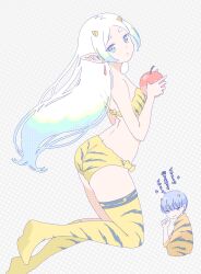 Rule 34 | 1boy, 1girl, absurdres, apple, aqua hair, bikini, blue eyes, blue hair, boots, colored tips, cosplay, cropped torso, earrings, elf, floating, floating hair, food, frieren, from side, fruit, hair down, hands up, highres, himmel (sousou no frieren), holding, holding food, holding fruit, horns, jewelry, long hair, looking at viewer, looking to the side, lum, lum (cosplay), matching outfits, mole, mole under eye, multicolored hair, oni, pointy ears, print bikini, print footwear, sachinyopo, short hair, sousou no frieren, strapless, strapless bikini, streaked hair, striped horns, swimsuit, thigh boots, tiger stripes, urusei yatsura, very long hair, white hair, yellow bikini, yellow horns