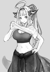 Rule 34 | 1girl, absurdres, ahoge, alternate costume, braid, breasts, clothes lift, dragon girl, dragon horns, dragon tail, grey background, greyscale, hairband, hand on own hip, highres, hololive, horns, kiryu coco, large breasts, long hair, looking at viewer, lyrinne, midriff, monochrome, navel, pointy ears, ponytail, shirt lift, simple background, sketch, solo, sports bra, standing, sweat, tail, virtual youtuber
