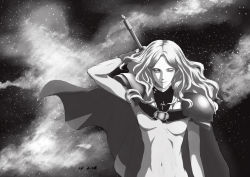 Rule 34 | 1girl, absurdres, arm behind head, armor, bodysuit, cape, claymore (series), claymore (sword), covered navel, drawing sword, greyscale, highres, holding, holding sword, holding weapon, long hair, monochrome, nebula, pauldrons, shoulder armor, solo, star (sky), sword, teresa, wavy hair, weapon