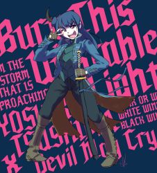 Rule 34 | 1girl, absurdres, black pants, blue coat, blue hair, boots, coat, cosplay, devil may cry (series), devil may cry 5, full body, hair bun, highres, katana, long coat, long hair, looking at viewer, love live!, love live! sunshine!!, pants, red eyes, single hair bun, solo, standing, sword, text background, triple-q, tsushima yoshiko, v over eye, vergil (devil may cry), vergil (devil may cry) (cosplay), weapon, yamato (sword)