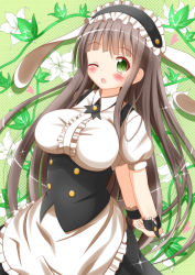 Rule 34 | 1girl, alternate costume, animal ears, apron, blouse, blunt bangs, bolo tie, breasts, brown hair, center frills, commentary request, fake animal ears, fleur de lapin uniform, floppy ears, frilled apron, frilled cuffs, frilled shirt, frills, gochuumon wa usagi desu ka?, green eyes, highres, large breasts, long hair, puffy short sleeves, puffy sleeves, shirt, short sleeves, solo, ujimatsu chiya, underbust, waist apron, white apron, white shirt, wrist cuffs, xenon (for achieve)
