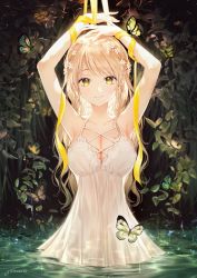 Rule 34 | 1girl, animal, armpits, arms up, bare arms, bare shoulders, blonde hair, bound, bound wrists, breasts, bug, butterfly, cleavage, closed mouth, collarbone, commentary request, dress, flower, gomzi, hair flower, hair ornament, insect, large breasts, leaf, light brown hair, long hair, looking at viewer, medium breasts, original, partially submerged, pond, ribbon, see-through, signature, sleeveless, sleeveless dress, smile, solo, sparkle, tied up, very long hair, water, wet, wet clothes, wet dress, white dress, white flower, yellow eyes, yellow ribbon
