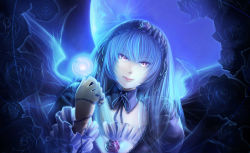 Rule 34 | 00s, 1girl, blue flower, blue rose, blue theme, doll joints, feathers, flower, frills, hairband, joints, purple eyes, rose, rozen maiden, solo, suigintou, sumito, white hair, wings