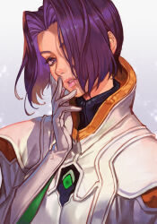 Rule 34 | 1girl, brown eyes, dress, gloves, hair over one eye, hand on own face, head tilt, hungry clicker, looking at viewer, miang hawwa, parted lips, purple hair, short hair, simple background, solo, white dress, white gloves, xenogears