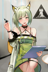 Rule 34 | 1girl, animal ear fluff, animal ears, arknights, bare shoulders, black choker, cat ears, chinese commentary, choker, commentary request, criss-cross halter, dress, green dress, grey eyes, halterneck, hand up, holding, kal&#039;tsit (arknights), long sleeves, looking at viewer, material growth, off-shoulder dress, off shoulder, open mouth, oripathy lesion (arknights), rhodes island logo (arknights), short hair, silver hair, solo, stethoscope, upper body, wuguno ziran juan