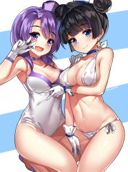 Rule 34 | 2girls, :d, artist name, bare legs, bikini, black hair, blue eyes, blunt bangs, blush, breast hold, breasts, casual one-piece swimsuit, choker, cleavage, closed mouth, collarbone, cowboy shot, double bun, earrings, female focus, gendo0032, gendo0033, gloves, grey one-piece swimsuit, hair bun, hand gesture, hand on another&#039;s shoulder, hands up, hat, highres, houkago no pleiades, itsuki (houkago no pleiades), jewelry, leg up, looking at viewer, medium breasts, mini hat, multiple girls, nanako (houkago no pleiades), navel, no legwear, one-piece swimsuit, open mouth, purple eyes, purple footwear, purple hair, purple hat, shoes, short hair, side-tie bikini bottom, smile, standing, standing on one leg, star (symbol), star earrings, stomach, swimsuit, thighs, two-tone background, v over eye, white bikini, white gloves, white hat, white one-piece swimsuit