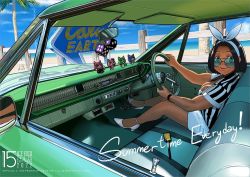 Rule 34 | 1girl, arung samudra (cessa), beach, black hair, blue sky, bracelet, breasts, car, car interior, cessa, cleavage, cloud, cloudy sky, dark-skinned female, dark skin, dated, fence, green car, high heels, jewelry, large breasts, motor vehicle, ombok diving and delivery services, shirt, short hair, short sleeves, sitting, sky, smile, solo, striped clothes, striped shirt, tinted eyewear, tree, white footwear, wide shot