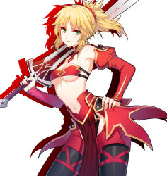 Rule 34 | 1girl, black legwear, blonde hair, bra, breasts, clarent (fate), cleavage, cowboy shot, detached sleeves, fate/apocrypha, fate (series), green eyes, hair ornament, hair scrunchie, hand on own hip, highres, holding, holding sword, holding weapon, leaning to the side, long hair, long sleeves, looking at viewer, medium breasts, midriff, mordred (fate), mordred (fate/apocrypha), navel, ponytail, red bra, red scrunchie, red sleeves, scrunchie, shadow, simple background, solo, standing, stomach, strapless, strapless bra, sukusu909, sword, underboob, underwear, weapon, white background