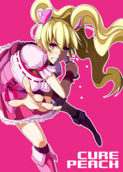 Rule 34 | 00s, 1girl, blonde hair, boots, bow, clenched teeth, corset, cure peach, earrings, enoshima iki, fresh precure!, full body, hair ornament, hairpin, heart, heart hair ornament, jewelry, knee boots, long hair, magical girl, momozono love, pink background, pink bow, pink eyes, pink footwear, precure, serious, skirt, solo, teeth, twintails, wrist cuffs