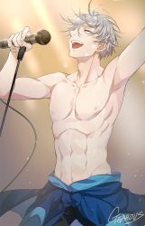 Rule 34 | 10s, 1boy, artist name, clothes around waist, closed eyes, gearous, male focus, microphone, microphone stand, open mouth, topless male, silver hair, smile, toned, toned male, viktor nikiforov, yuri!!! on ice