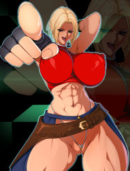 Rule 34 | 1girl, abs, armpits, arms behind head, blonde hair, blue mary, breasts, cleft of venus, covered erect nipples, fatal fury, huge breasts, micro panties, muscular, muscular female, noriheita, panties, partially visible vulva, pointing, short hair, solo, tank top, tongue, tongue out, underwear