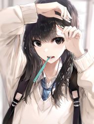 Rule 34 | 1girl, arms up, backpack, bag, black hair, blue necktie, brown eyes, hair ornament, hairclip, highres, kurokuro illust, long hair, long sleeves, looking at viewer, mouth hold, necktie, open mouth, original, school uniform, solo, sweater, toothbrush, upper body, white sweater