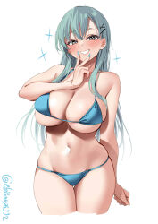 Rule 34 | 1girl, aqua bikini, aqua eyes, aqua hair, bare shoulders, bikini, blush, breasts, cleavage, collarbone, cowboy shot, cropped legs, ebifurya, grin, hair between eyes, hair ornament, hairclip, highres, kantai collection, large breasts, long hair, looking at viewer, nail polish, navel, one-hour drawing challenge, simple background, skindentation, smile, solo, sparkle, suzuya (kancolle), swimsuit, thigh gap, thighs, twitter username, underboob, v, v over mouth, white background