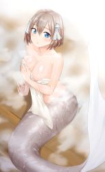 Rule 34 | 1girl, :t, absurdres, awono nanaumi, blue eyes, blush, breasts, brown hair, closed mouth, collarbone, commentary, commission, completely nude, covering privates, covering breasts, grey tail, hair between eyes, highres, holding, holding towel, indoors, large breasts, looking at viewer, mermaid, monster girl, nude, nude cover, onsen, original, pout, shiny skin, short hair, skeb commission, solo, steam, towel, wet