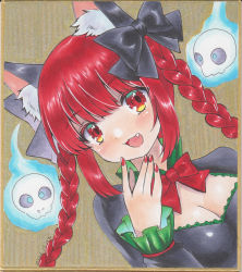 Rule 34 | 1girl, :3, :d, animal ears, black bow, bow, braid, breasts, cat ears, dress, fang, hair bow, highres, hitodama, kaenbyou rin, nail polish, open mouth, red eyes, red hair, red nails, shikishi, skull, smile, tail, touhou, traditional media, tsugumi (tky-fam), twin braids