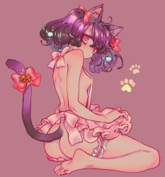 Rule 34 | 1girl, absurdres, ahoge, animal ear fluff, animal ears, apron, ass, bare arms, bare back, bare legs, barefoot, bell, black hair, blush, bomhat, bow, breasts, cat ears, cat girl, cat tail, commentary, freckles, from side, full body, hair ribbon, heart, heart-shaped pupils, highres, looking at viewer, looking to the side, naked apron, original, paw print, pink apron, pink background, pink eyes, pink ribbon, ribbon, seiza, short hair, sideboob, simple background, sitting, small breasts, solo, symbol-shaped pupils, tail, tail bell, tail bow, tail ornament, thigh strap, toes