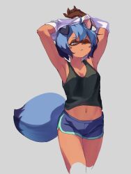 Rule 34 | 1girl, animal ears, animal nose, armpits, arms up, blue eyes, blue hair, body fur, brand new animal, breasts, brown fur, closed mouth, commentary request, cropped legs, dolphin shorts, frown, furry, furry female, highres, kagemori michiru, looking at viewer, medium breasts, navel, one eye closed, raccoon ears, raccoon girl, raccoon nose, raccoon tail, rrkk28180479, short hair, shorts, simple background, solo, tail, tanuki, undressing