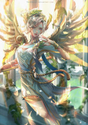 Rule 34 | 1girl, alternate costume, blonde hair, blue eyes, bracelet, breasts, commentary, dappled sunlight, dress, english commentary, feathered wings, feathers, flying, greece, head wreath, high ponytail, highres, jewelry, laurel crown, lips, looking at viewer, making-of available, mechanical wings, medium breasts, mercy (overwatch), overwatch, overwatch 1, parted lips, pink lips, short sleeves, solo, sunlight, the cecile, toga, watermark, web address, white dress, winged victory mercy, wings