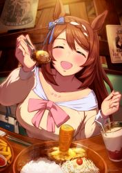 Rule 34 | 1girl, animal ears, bag, beige shirt, blue bow, blush, bow, braid, breasts, brown hair, carrot, casual, chopsticks, commentary request, cup, drinking straw, english text, closed eyes, facing viewer, feeding, fisheye, food, french fries, hair bow, handbag, highres, holding, holding spoon, horse ears, i want you, indoors, jewelry, large breasts, long hair, long sleeves, multicolored hair, necklace, open mouth, pink bow, plate, pov, puffy long sleeves, puffy sleeves, rice, smile, solo, spoon, streaked hair, super creek (umamusume), table, twitter username, umamusume, uncle sam, upper body, yasa hattori