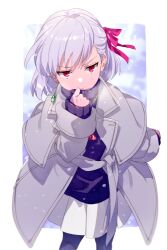 Rule 34 | 1girl, blush, breasts, coat, cosplay, echo (circa), fate/grand order, fate (series), grey coat, hair ribbon, jewelry, kama (fate), kama (first ascension) (fate), long sleeves, looking at viewer, matou sakura, necklace, open clothes, open coat, pantyhose, parvati (cherry icicle) (fate), parvati (fate), parvati (fate) (cosplay), pendant, pleated skirt, purple pantyhose, purple sweater, red eyes, ribbed sweater, ribbon, short hair, skirt, small breasts, snow, snowing, solo, sweater, thighs, turtleneck, turtleneck sweater, white hair, white skirt